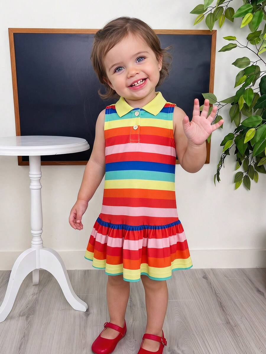 Baby Girl Striped Patchwork Ruffle Casual Party Dress - Yellow - View 1