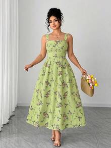 Elenzga Đầm hè hai dây in hoa thanh lịch dành cho nữ cỡ lớn, thích hợp cho Ngày Valentine. - Limelight Green - Xem 4