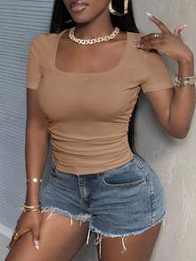 Slaydiva 97% Cotton Ribbed Casual Basic Summer Crew Neck Short Sleeve Fitted Side Ruched Ribbed Stretch Khaki Women T-Shirt,Summer Top - Khaki - View 6