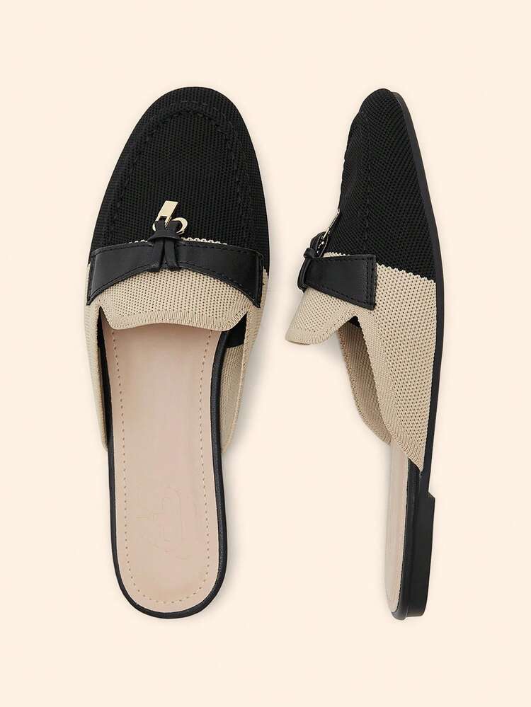 CUCCOO BASICS Women Shoes Fashion Black Apricot Building Color Flat Bottom Round Toe Knitted Mule Women's Shoes Commuting Versatile Elegant Party Vacation Women Flat Shoes