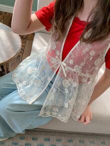 Dazy Kids Áo kiểu ren phối nhiều mảnh buộc dây dành cho bé gái tuổi teen, kiểu dáng thường ngày đa năng, thích hợp mặc hàng ngày. - Màu be - Xem 7