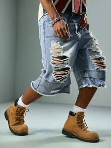 ROMWE MEN Street Life Quần short denim rách dành cho nam với hai cạp quần. - Màu xanh lam - Xem 5