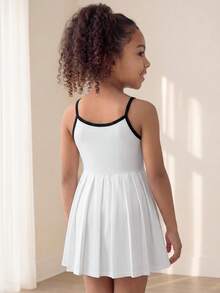 SHEIN Young Girls' White Active Dress – Contrast Color Strap Design, High-Stretch Soft Soft Fabric For Cycling, Jogging, Tennis Practice & Versatile, Fall - White - View 2