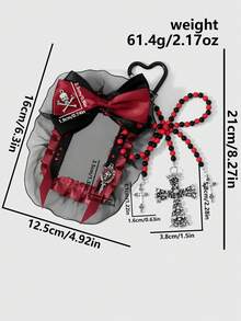 ROMWE Goth 1個Y2K復古個性化黑紅配色珠飾磨砂蝴蝶結骷髏十字架魔鏡閃亮愛心水鑽網格卡套DIY鑰匙圈包包吊飾 - 黑紅 - 查看 3