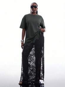 SHEIN EZwear 大码不对称下摆蕾丝宽松短袖T恤，夏季上衣，不对称蕾丝衬衫，女士大码T恤，深灰色 - 深灰色 - 查看 4