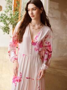 MOTF PREMIUM CAMISOLA LONGA DE CETIM ESTAMPADA COM DECOTE EM V PARA MULHERES, PRIMAVERA/VERÃO - Rosa chiclete - Visão 4