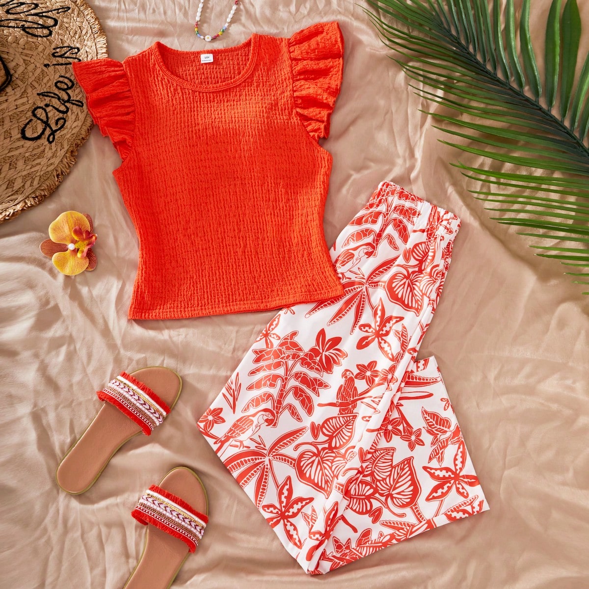 Pcs/Set Conjunto de blusa de manga volada con textura de punto y pantalones rectos estampados para niñas preadolescentes, beige, para vacaciones trop