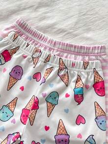 SHEIN 4pcs/Set Summer Girls Toddler Camisole Pajama Set, Cute Sweet Ice Cream & Heart Striped Print, Soft Comfortable Camisole Top And Shorts 4-Piece Loungewear - Pink - View 7