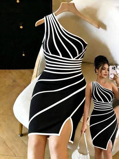 GlowEve CURVE 大码女士条纹无袖修身优雅连衣裙