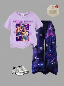 2件組 青少年女孩淡紫色夏季80年代時尚星星與字母漸層印花短袖上衣＋口袋工裝褲套裝，Y2K寬鬆穿搭，適合11-12歲 - 彩色 - 查看 6