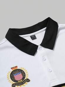 Manfinity Roghcode Camisa polo de manga corta con bloqueo de color y estampado de letras casual para hombre, verano - Blanco - Ver 4