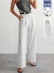 SHEIN ICON White Summer High-Waisted Straight-Leg Palazzo Pants For Women, Classy Elegant Office Attire, Business Casual Workwear, Old Money Style - White - View 9