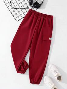 SHEIN 儿童/青少年男童休闲运动印花口袋宽松抽绳工装裤，适合通勤、上学、日常休闲、旅行、运动，春夏秋冬皆宜。 - 紅色 - 查看 3