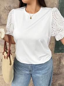 Vionelle Camiseta casual de manga corta con cuello redondo y bordado para tallas grandes - Blanco - Ver 6