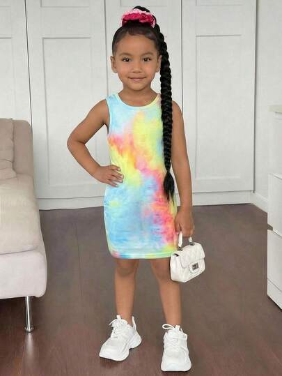 Young Girls Tie-Dye Print Casual Sleeveless Dress, Fashionable Versatile For Daily Wear, Outing, Vacation, Matching Sister & Parent-Child Outfits