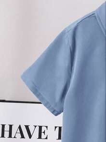 SHEIN Tween Boy Vacation Style Solid Color Collar Button-Up Slim Fit Short Sleeve Shirt - Dusty Blue - View 4