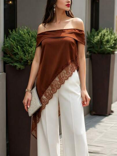 Juhart Blusa elegante de encaje de contraste con hombros descubiertos para fiesta de noche, talla grande