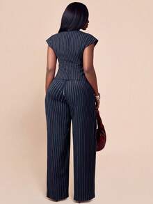 Radiana Plus Size Women's Summer Casual Light Blue Striped Bussines Office Work Blazer,Elegant Retro Striped Drop Shoulder Wide Shoulder Jacket For Urban - Blue - View 9