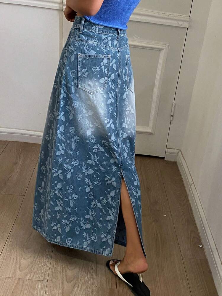 Women's Floral Pattern High Waist Pocketed Casual Denim Skirt