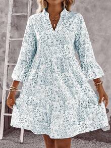 EMERY ROSE Women's Floral Print V-Neck Flare Sleeve Casual Mini Dress For Vacation - Blue - View 3