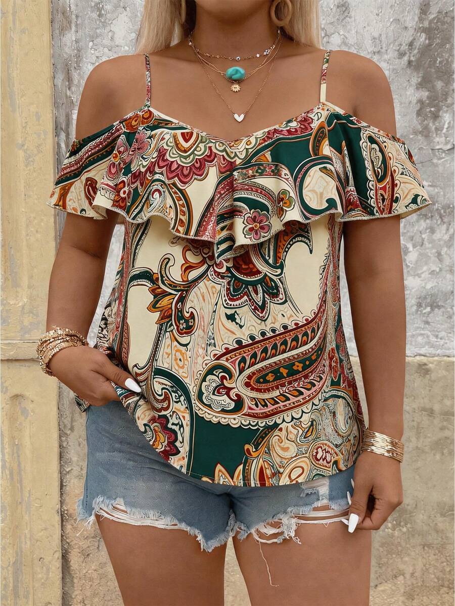 Breezaya Kemeja Wanita Ukuran Besar Bermotif, Cocok untuk Kencan, Liburan Romantis, Pakaian Kasual Sehari-hari, Mode Serbaguna, Musim Semi/Panas - MultiWarna - View 1