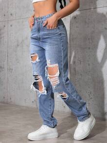 SHEIN ICON Plus Size Women's Summer Cow Girl Distressed Denim Jeans - Blue - View 3