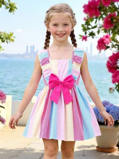 SHEIN Vintaside Kids ガールズ ブルー&ホワイトストライプ スクエアネック フリルスリーブ ドレス 3Dリボン装飾、オールオーバーリボン柄、フレッシュ&スウィートなフレンチスタイルルーズカジュアルプリンセスドレス、夏