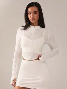 SHEIN BAE 女士纯色长袖拉链运动夹克 - 白色 - 查看 4