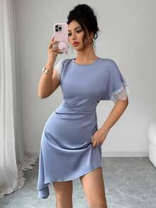 SHEIN Raffinéa Đầm satin mùa hè thanh lịch, ngọt ngào màu xám xanh phối ren, eo thắt lệch vạt, thích hợp cho các buổi hẹn hò, dành cho nữ. - Xám Xanh - Xem 3