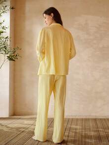 PREMIUM Bộ đồ ngủ 2 món dành cho nữ, 100% cotton, gồm áo và quần, thích hợp cho mùa xuân/hè. - Màu vàng - Xem 7