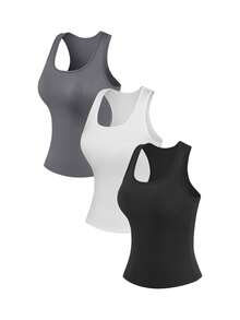 Sweetra Women's Sleeveless Tops Regular Sports Vests 3 Packs Grey Black White Summer Outdoor Sports Versatile Vests - Multicolor - View 3