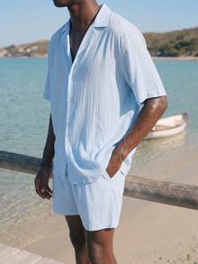 Surfspeed Men's Solid Color Lapel NeckShort Sleeve Shirt And Shorts Beach Outfit - Baby Blue - View 5