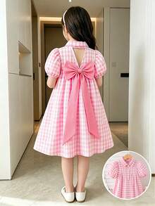 SHEIN Elladie kids Robe à carreaux roses pour jeunes filles avec décoration d'un gros nœud rose, tenue de vacances décontractée avec col claudine et manches courtes. Convient pour un usage quotidien décontracté, les trajets, les vacances élégantes, une tenue douce - Rose bonbon - Voir 3