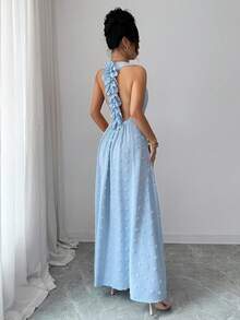 SHEIN Elenzya 优雅浪漫度假派对露背荷叶边镂空A字蓝色连衣裙（女款） - 藍色 - 查看 6