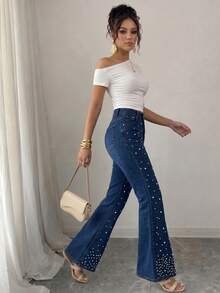 Elenzga Quần jeans ống loe thanh lịch dành cho nữ, trang trí bằng ngọc trai giả. - Màu xanh lam - Xem 4