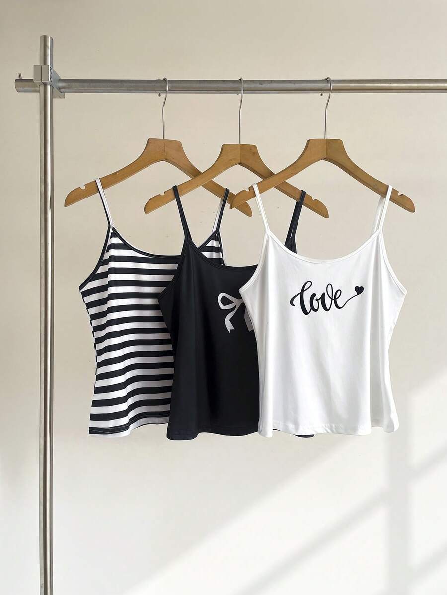 3pcs Women's Comfortable Knit Striped & Love Butterfly Print Camisole Pajama Set - Black and White - View 1