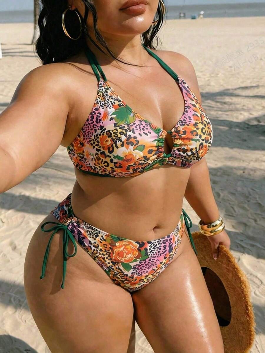Swim Vcay 加大码两件式泳衣,女士夏季豹纹印花性感比基尼套装,挂脖式设计,搭配侧边褶皱系带泳裤,适合海岛旅行和度假。 - 彩色 - 查看 1