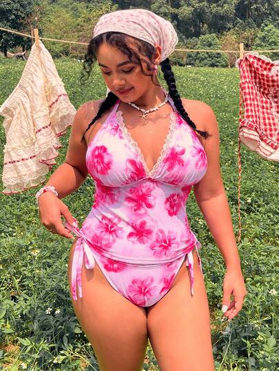 Swim Mod Bộ bikini tam giác hở lưng, buộc cổ dành cho nữ cỡ lớn, in họa tiết hoa, gồm 2 mảnh, thích hợp cho kỳ nghỉ biển.