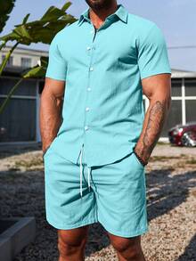 Manfinity Homme Bộ đồ nam trơn màu gồm áo sơ mi ngắn tay cài một hàng khuy và quần short, kiểu dáng thường ngày. - Màu xanh bạc hà - Xem 5