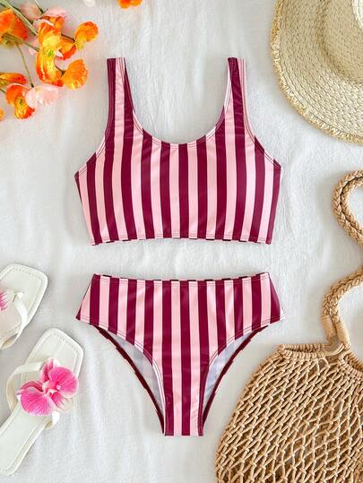 SHEIN Tween Girl Casual Striped Camisole & Triangle Bikini Swimwear Set, Suitable For Summer, Beach, Vacation, Swimming