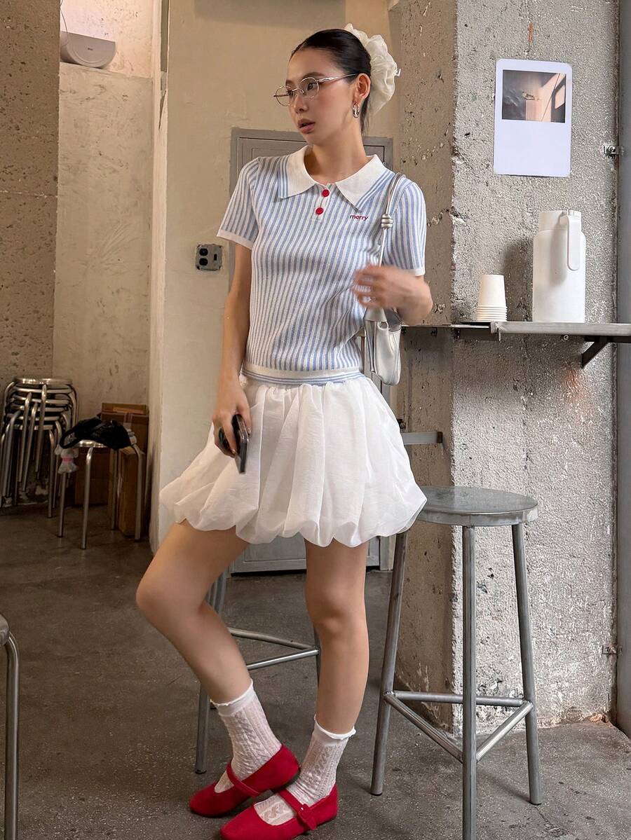 DAZY Áo dệt kim Hàn Quốc trẻ trung, năng động kiểu cổ ve áo dành cho nữ - Màu xanh lam - Xem 1