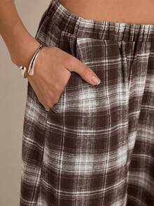 Easelle Women's Casual Brown Plaid Plaid Woven Low-Waist Flare Pants, Chic Curved Leg Trousers, Retro Plaid Pattern Everyday Autumn - Brown - View 7