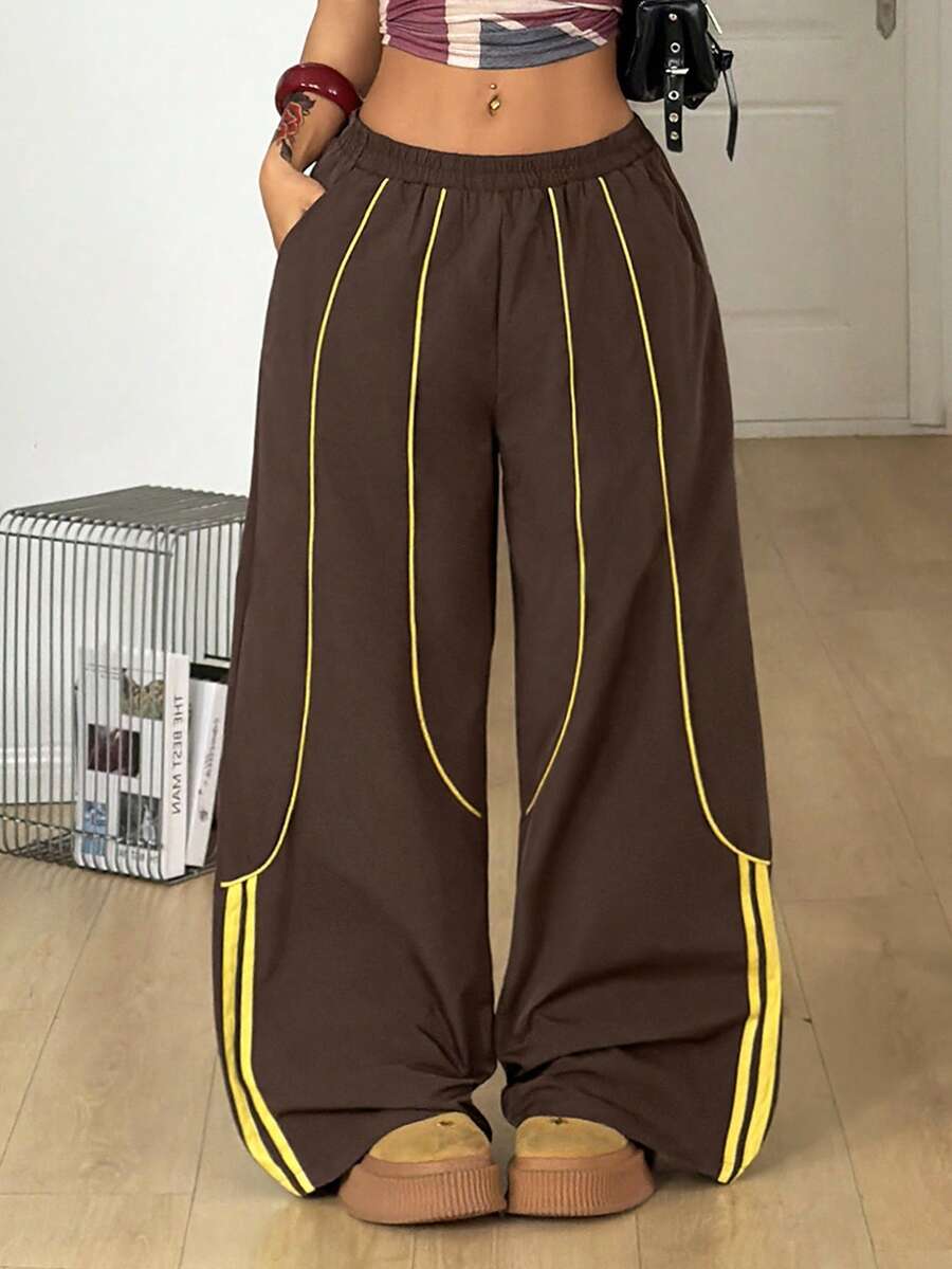 SHEIN Coolane 女士休闲宽松撞色滚边裤 - 棕色 - 查看 1