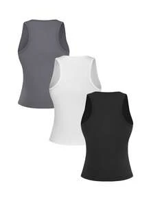 Sweetra Women's Sleeveless Tops Regular Sports Vests 3 Packs Grey Black White Summer Outdoor Sports Versatile Vests - Multicolor - View 2