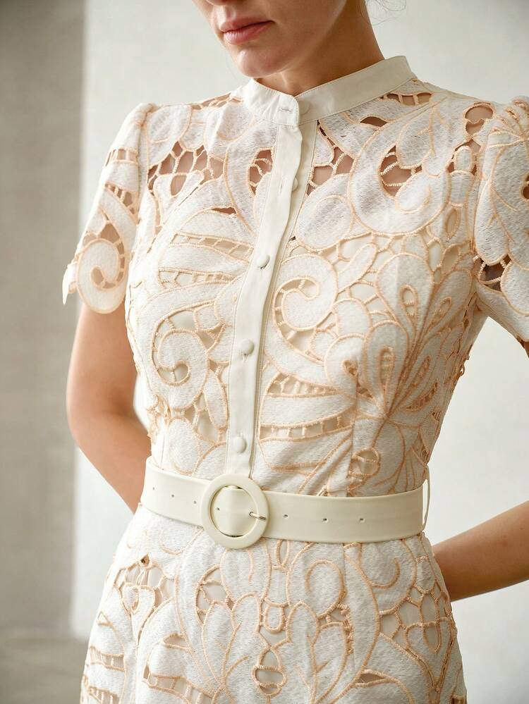 ELEGANT & FASHIONABLE WOMEN'S BELTED HOLLOW OUT MID-LENGTH DRESS