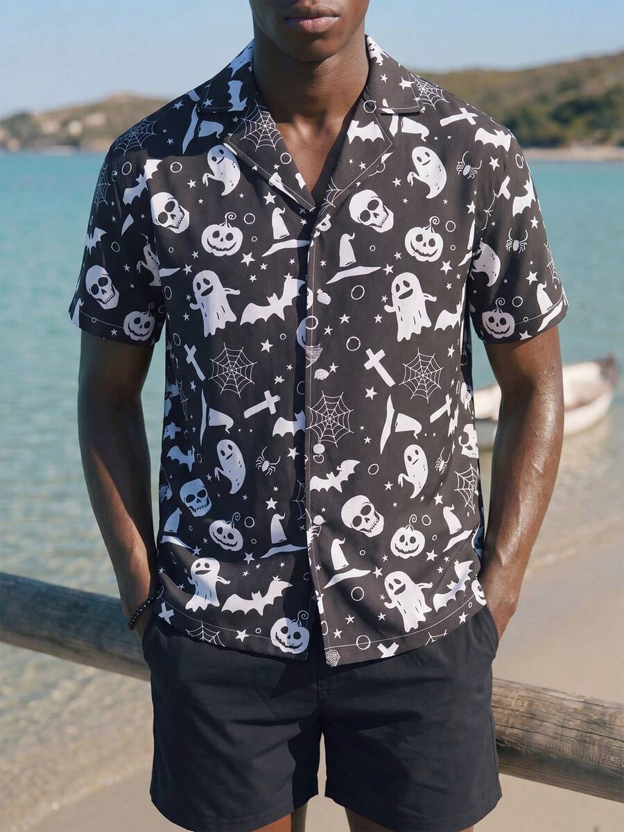 Surfspeed Chemise à manches courtes et short à imprimé fantôme, en tenue de plage pour homme - Noir et Blanc - Voir 1