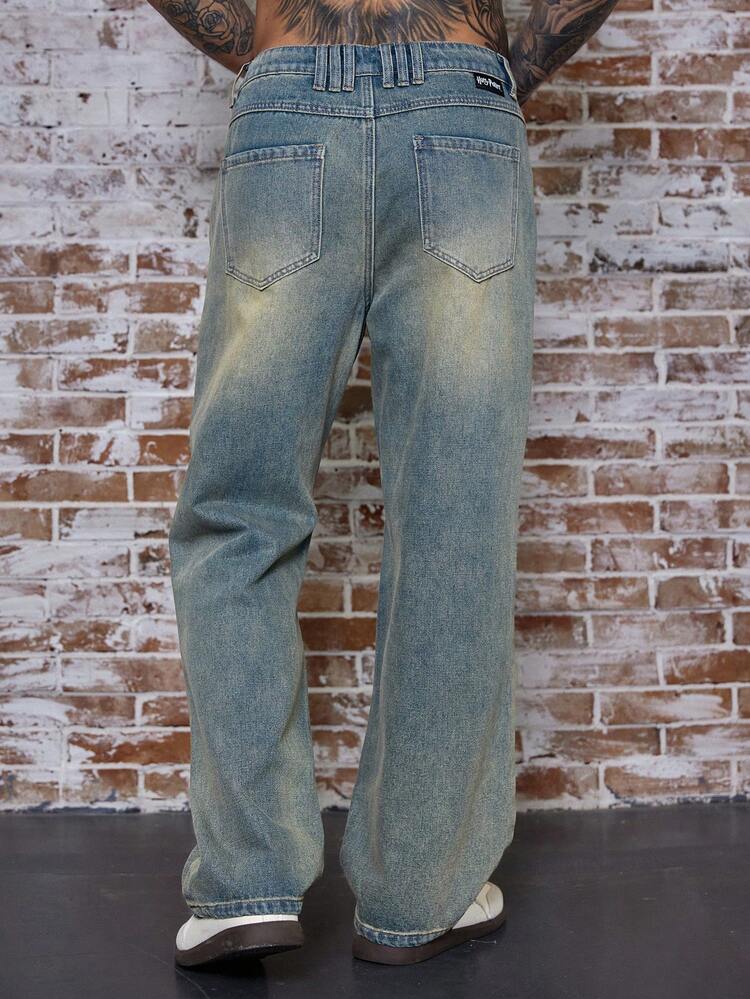 Long Washed Distressed Straight Fit Men's Jeans