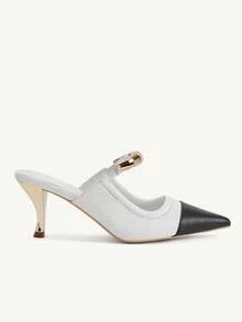 CUCCOO CHICEST Women's Elegant Gold Crescent Moon Decor Pointed Toe Stiletto Heel Pumps, Suitable For Work, Formal Occasions, Office Outfit, Mule Shoes, White PU Spring Break Easter For Christmas - Black and White - View 3