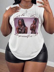 Slaydiva Women's White Summer Casual Rave Holiday Graphic Vintage Portrait Letter Print Sleeveless Tank Top Crew Neck Longline Plus Size Vest Retro Streetwear - White - View 3