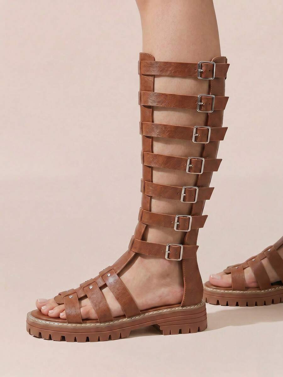 Styleloop Women's Shoes Spring And Summer New Women's Wedge Heel Platform Sandals, Metal Buckle Rivet Inlay Decoration, Tall Cool Boots, Gladiator Sandals, Rear Zipper Weaving, Roman Style Holiday Daily Wear Summer Shoes - Brown - View 1